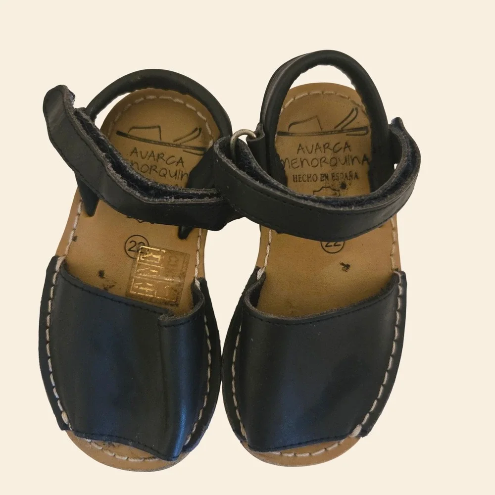 Avarca Menorquina Kids Black Leather Sandals Made in Spain Size 22 Hook and Loop